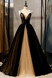 Sexy V-neck Black and Champagne Tulle Long Formal Dress CB1414