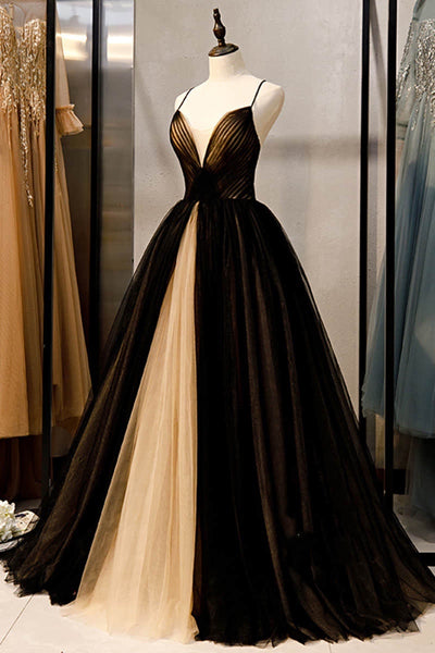 Sexy V-neck Black and Champagne Tulle Long Formal Dress CB1414