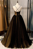 Sexy V-neck Black and Champagne Tulle Long Formal Dress CB1414