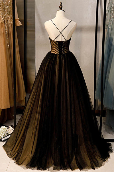 Sexy V-neck Black and Champagne Tulle Long Formal Dress CB1414