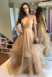 A-Line Champagne Spaghetti Straps V-neck Long Prom Dress VD0946