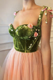 A-Line Sweetheart Appliques Pink Tulle Long Prom Dress VD0946