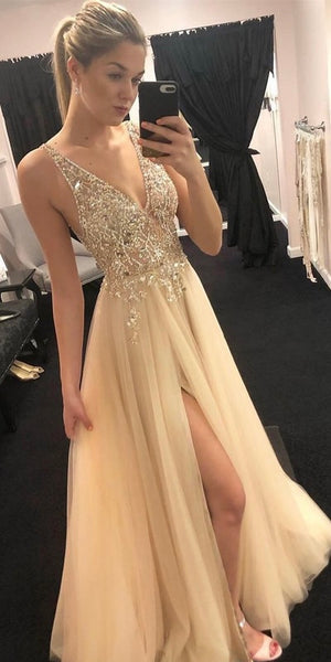 V-Neck Gold Beaded A-Line Long Prom Dress LX0518