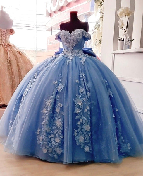 Blue Quinceanera Off The Shoulder Floral Applique Wedding Dress OX1027