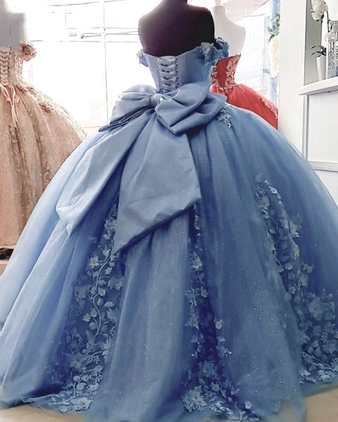 Blue Quinceanera Off The Shoulder Floral Applique Wedding Dress OX1027