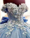 Blue Quinceanera Off The Shoulder Floral Applique Wedding Dress OX1027