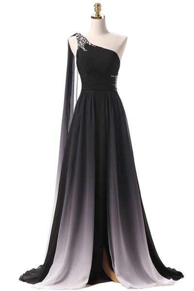 Black Ombre Chiffon One Shoulder Long Prom Dresses DZ2901 – BallGownBridal