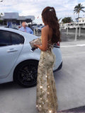 V Neck Rose Golden Backless Mermaid Lace Prom Dresses, Evening Dresses NR1043