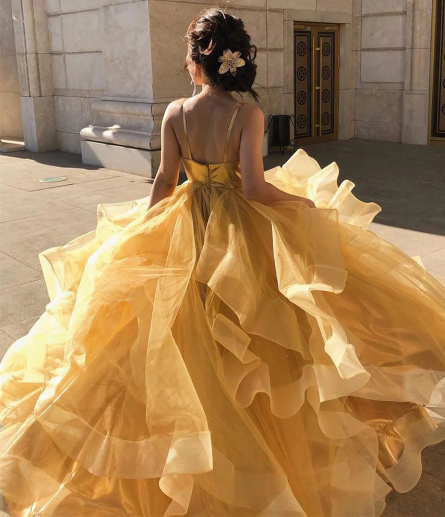 Unique Sweetheart Gold Tulle Ruffles Spaghetti Straps Long Prom Dress –  BallGownBridal