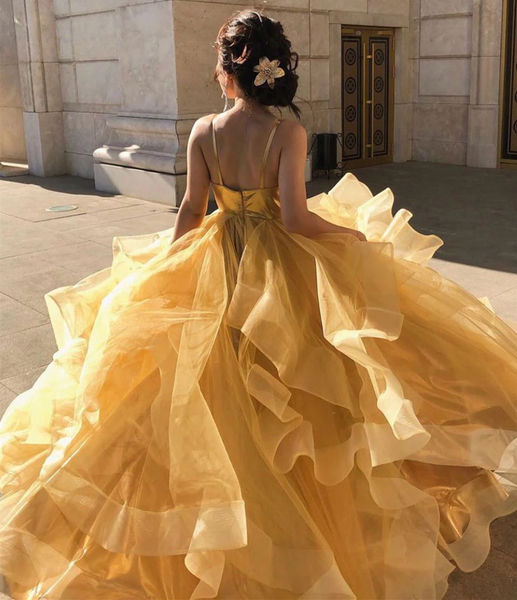 Unique Sweetheart Gold Tulle Ruffles Spaghetti Straps Long Prom Dress MT4563