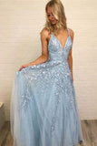 Sky Blue V Neck Long Lace Prom Dresses With Appliques, Formal Dress SJ211025