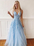 Sky Blue V Neck Long Lace Prom Dresses With Appliques, Formal Dress SJ211025