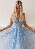 Sky Blue V Neck Long Lace Prom Dresses With Appliques, Formal Dress SJ211025