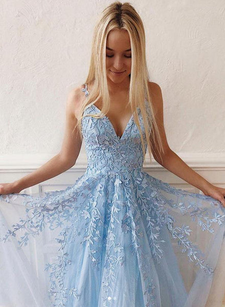 Sky Blue V Neck Long Lace Prom Dresses With Appliques, Formal Dress SJ211025