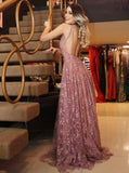 A-Line Backless Pink Lace Long Prom Dress, Evening Dress SJ211175