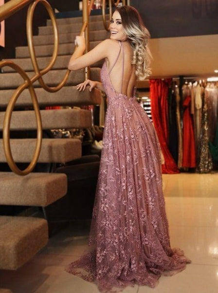 A-Line Backless Pink Lace Long Prom Dress, Evening Dress SJ211175