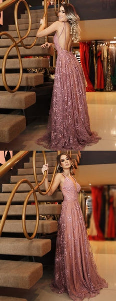 A-Line Backless Pink Lace Long Prom Dress, Evening Dress SJ211175