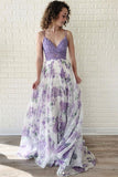 Lavender Lace Floral Chiffon Long Spaghetti Prom Dress PDA557 | ballgownbridal