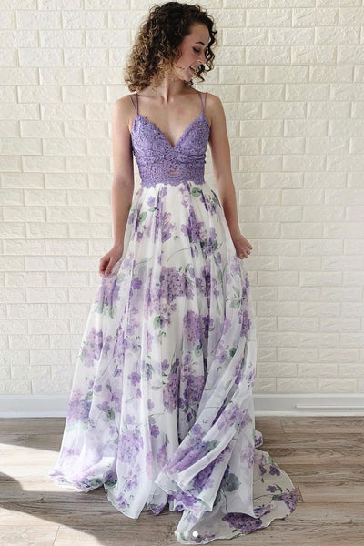 Lavender Lace Floral Chiffon Long Spaghetti Prom Dress PDA557 | ballgownbridal