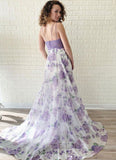 Lavender Lace Floral Chiffon Long Spaghetti Prom Dress PDA557 | ballgownbridal