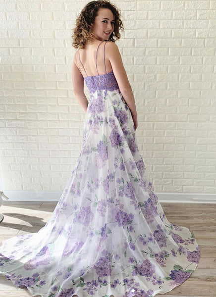 Lavender Lace Floral Chiffon Long Spaghetti Prom Dress PDA557 | ballgownbridal
