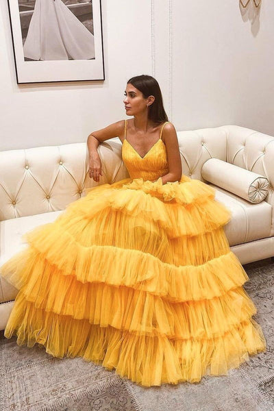 Ball Gown Yellow Tulle Long Prom Dress With Ruffles, Evening Dress SJ211145