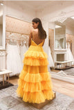 Ball Gown Yellow Tulle Long Prom Dress With Ruffles, Evening Dress SJ211145