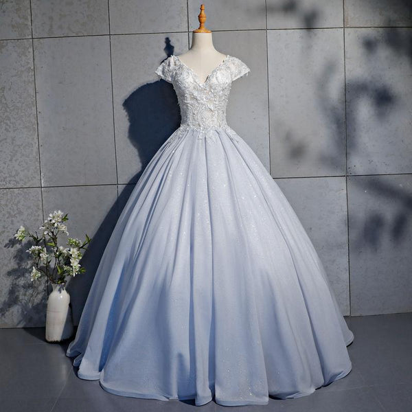 Ball Gown Light Blue Cap Sleeves Lace Prom Dress, Evening Dress SJ211036