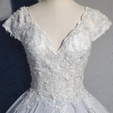 Ball Gown Light Blue Cap Sleeves Lace Prom Dress, Evening Dress SJ211036