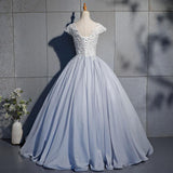 Ball Gown Light Blue Cap Sleeves Lace Prom Dress, Evening Dress SJ211036