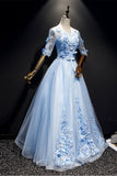 Light Blue Short Sleeves Long Lace Prom Dress With Appliques, Evening Dresses  SJ211127