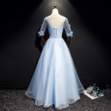 Light Blue Short Sleeves Long Lace Prom Dress With Appliques, Evening Dresses  SJ211127