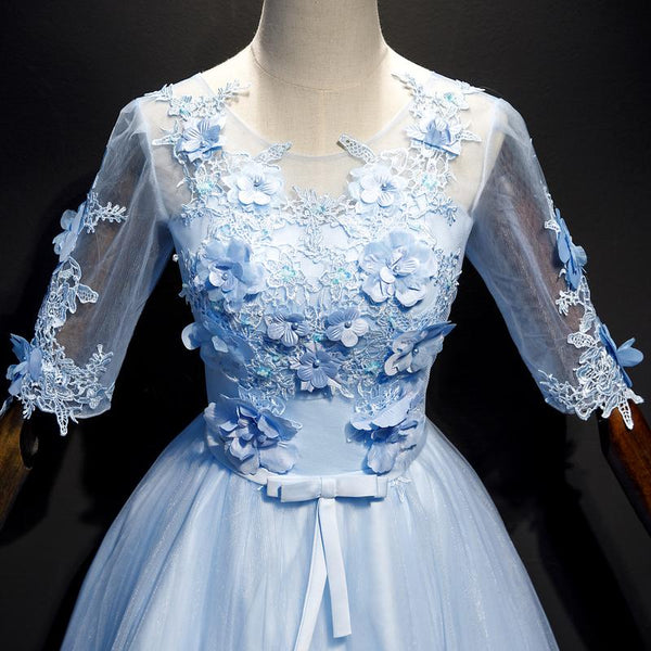 Light Blue Short Sleeves Long Lace Prom Dress With Appliques, Evening Dresses  SJ211127