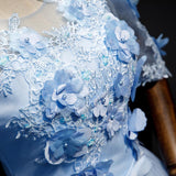 Light Blue Short Sleeves Long Lace Prom Dress With Appliques, Evening Dresses  SJ211127