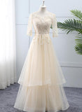 A-Line Light Champagne Tulle Lace Short Sleeves Prom Dress  SJ211039