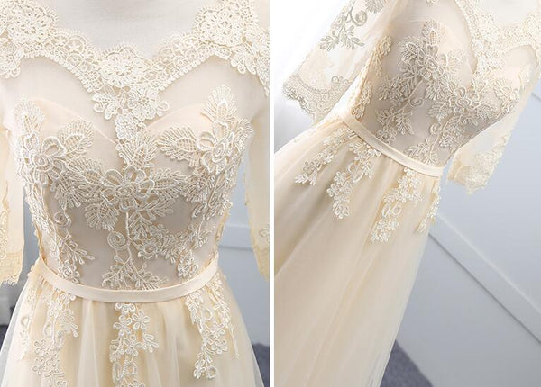 A-Line Light Champagne Tulle Lace Short Sleeves Prom Dress  SJ211039