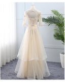 A-Line Light Champagne Tulle Lace Short Sleeves Prom Dress  SJ211039