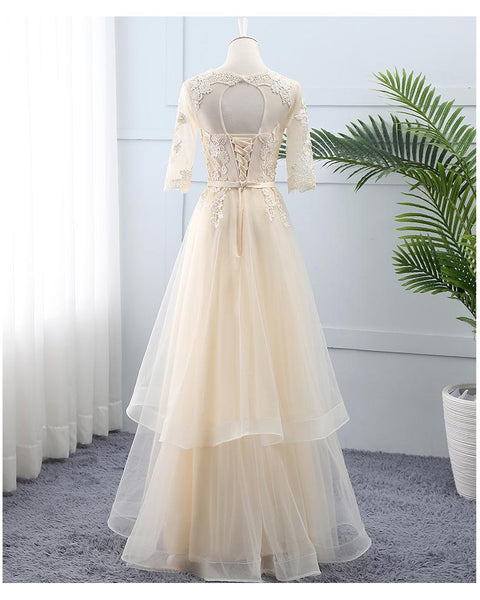 A-Line Light Champagne Tulle Lace Short Sleeves Prom Dress  SJ211039