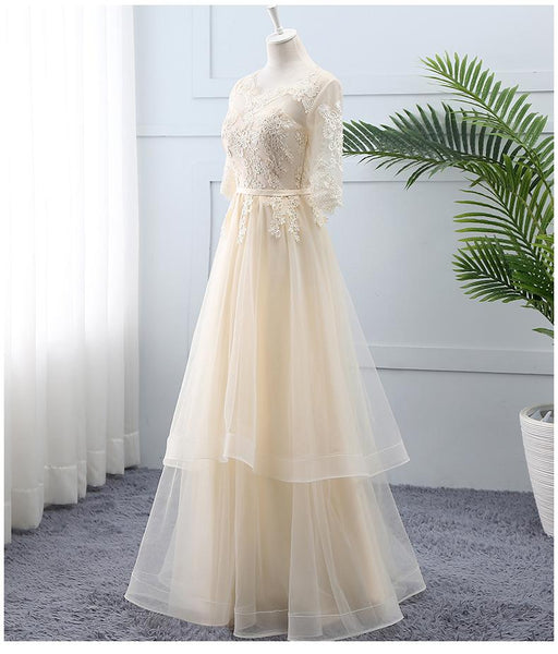 A-Line Light Champagne Tulle Lace Short Sleeves Prom Dress  SJ211039