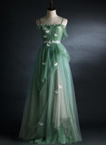 A-Line Light Green Spaghetti Straps Tulle Floor Length Prom Dress, Evening Dress SJ211038
