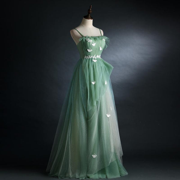 A-Line Light Green Spaghetti Straps Tulle Floor Length Prom Dress, Evening Dress SJ211038