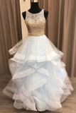 Light Blue Sequin Tulle Ruffles Jewel Neck Long Prom Dress PQ1004