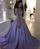 Lavender Ball Gown Off The Shoulder Lace Appliques Prom Dresses BD4185