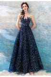 Fancy A Line  Blue Sleeveless Open Back Long Prom Dress, Evening Dress ZIK008