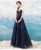 Fancy A Line  Blue Sleeveless Open Back Long Prom Dress, Evening Dress ZIK008