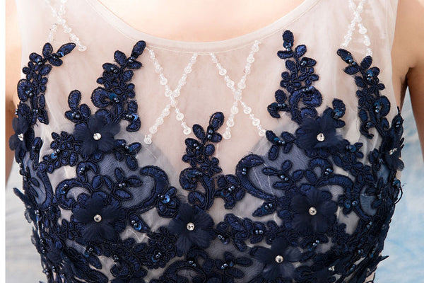 Fancy A Line  Blue Sleeveless Open Back Long Prom Dress, Evening Dress ZIK008