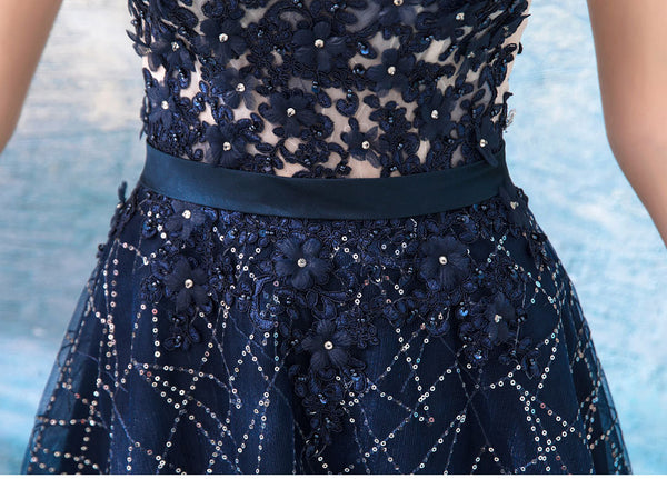 Fancy A Line  Blue Sleeveless Open Back Long Prom Dress, Evening Dress ZIK008