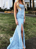 Mermaid Backless Blue Lace Long Prom Dresses With Appliques, Evening Dress SJ211136