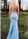 Mermaid Backless Blue Lace Long Prom Dresses With Appliques, Evening Dress SJ211136