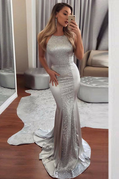 Mermaid Halter Backless Sweep Train Silver Prom Dress with Sequins PDA598 | ballgownbridal
